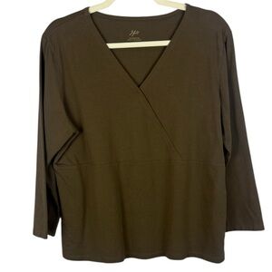 J. Jill Casual Minimalist Boxy Brown Cotton Blend V-Neck Crossover Large Tee